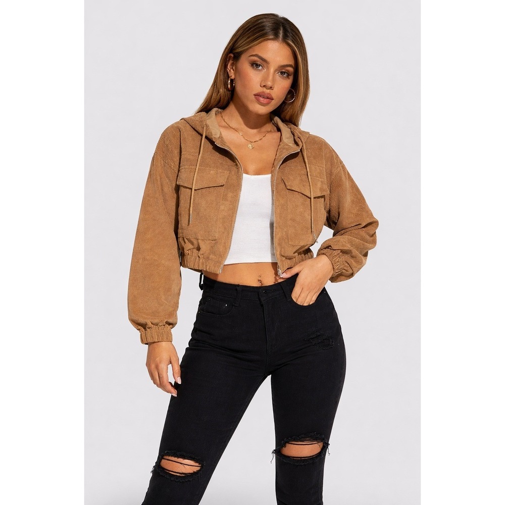 SHEIN Size M Brown Corduroy Cropped Zip Up Hoodie Jacket Streetwear Flap Pockets